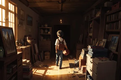 a little boy packing his bag, going on an adventure BREAK
in a dusty attic, sharp lighting, dark and mysterious, filled with num...