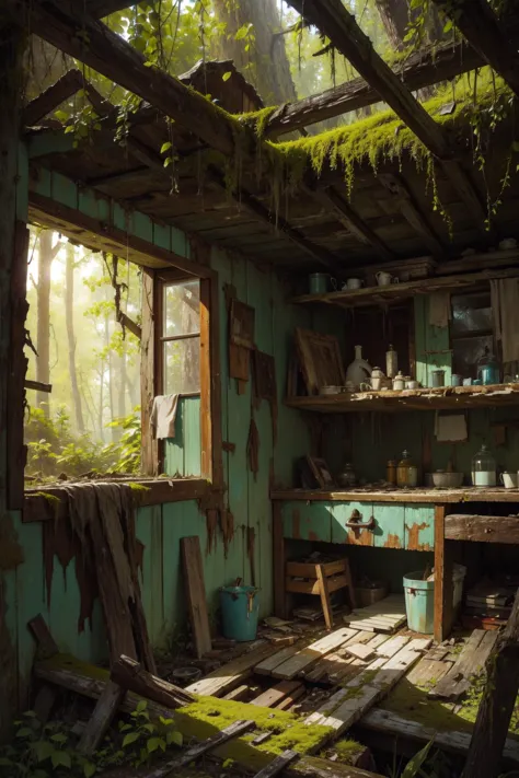 masterpiece of an abandoned overgrown cabin, rotten wood,  moss, peeling paint,
