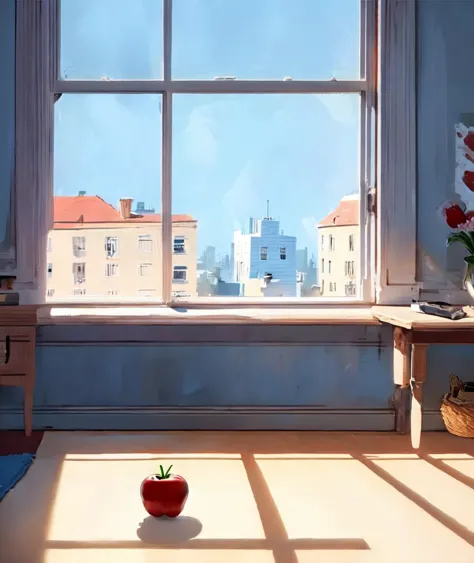 (best quality, masterpiece:1.1), an apple on a table in the middle of the room with a bed. opposite a window and beautiful blue ...