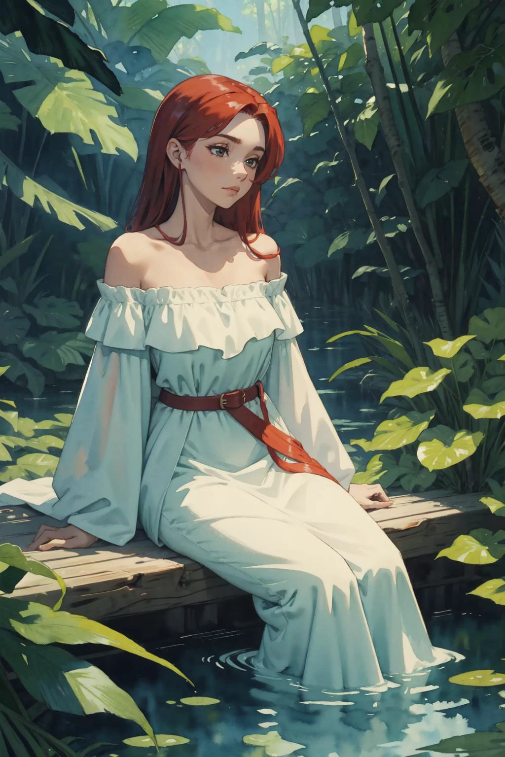 1 девушка, носить (платье с открытыми плечами:1.1), пояс, длинные рыжие волосы BREAK сидя, пруд, джунгли,  
(шедевр, Лучшее качество:1.1), 8К, очень подробный, (акварель:1.2)
