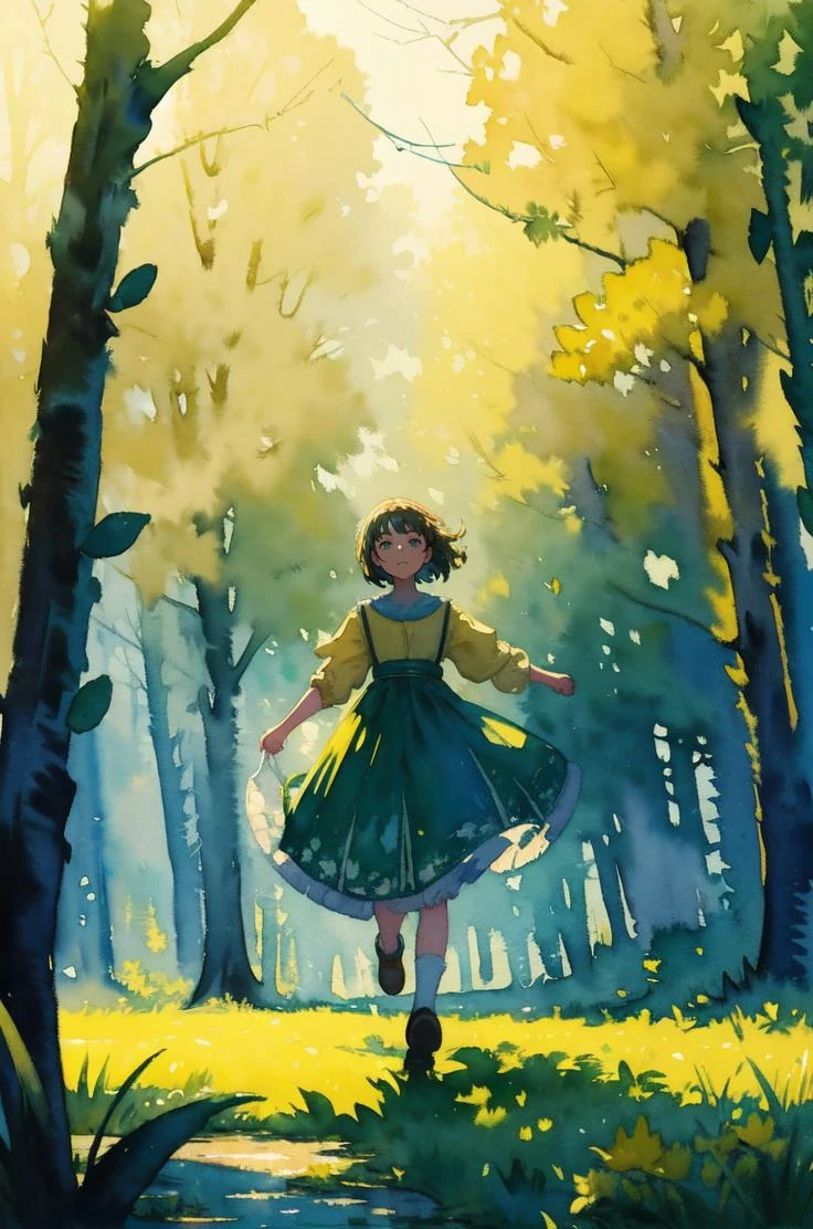 masterpiece, high quality, small details, (impressionism, watercolor:1.3), 
1girl, running, field, holding a balloon, (yellow and teal:1.2),
detailed background, forest, misty, leaves, trees, (cinematic magical lighting:1.3),