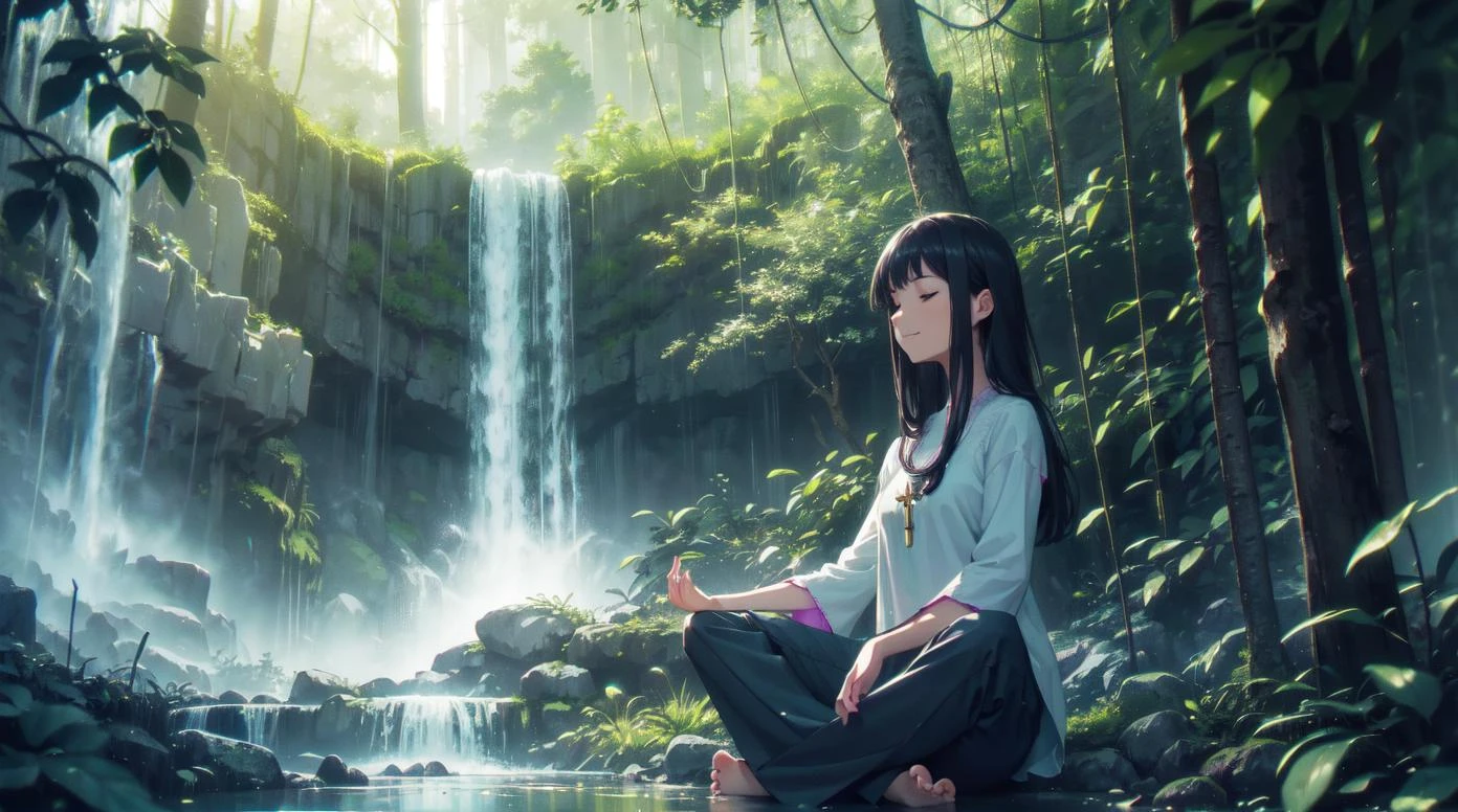 (center:1.2), woman, (sitting cross legged, meditating:1.2), blouse and pants, smiling, peaceful expression, (waterfall:1.1), trees, glow effect, (perfect lighting:1.2), leaves, (depth of field:1.1), (muted colors, grainy:1.2), (chromatic aberration:1.1),