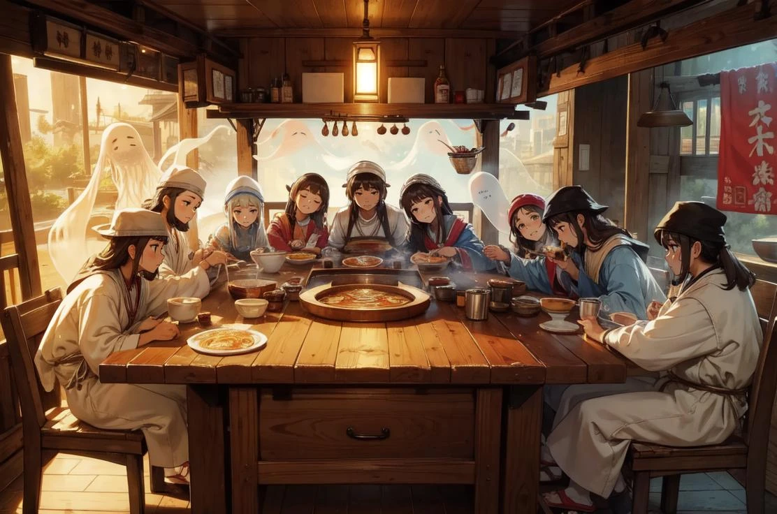 (detailed:1.3), masterpiece, best quality, (last supper style:1.2) girl sitting in a (fantasy ramen cart:1.1), ramen bowls, steam, (long table:1.3) BREAK
(floating ghosts and spirits:1.1),