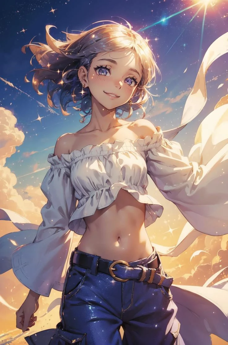(whimsical:1.2), 1girl, (off-shoulder blouse), (navel), (belt and baggy pants), toned, (radiant smile, mouth open:1.2), (sparkling eyes:1.3), 
detailed background, heavenly background, billowing clouds, (windy, clothes flapping in wind), (magic dust), 
small details, ultra detailed,