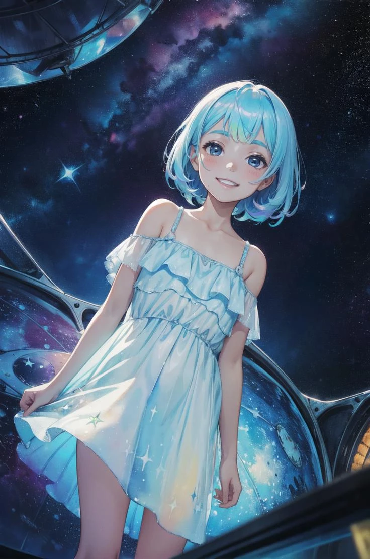 1girl, smiling, (watercolor:0.9), (iridescent liquid_dress:1.1), 
detailed background, small details, of a planetarium, starry ceiling,