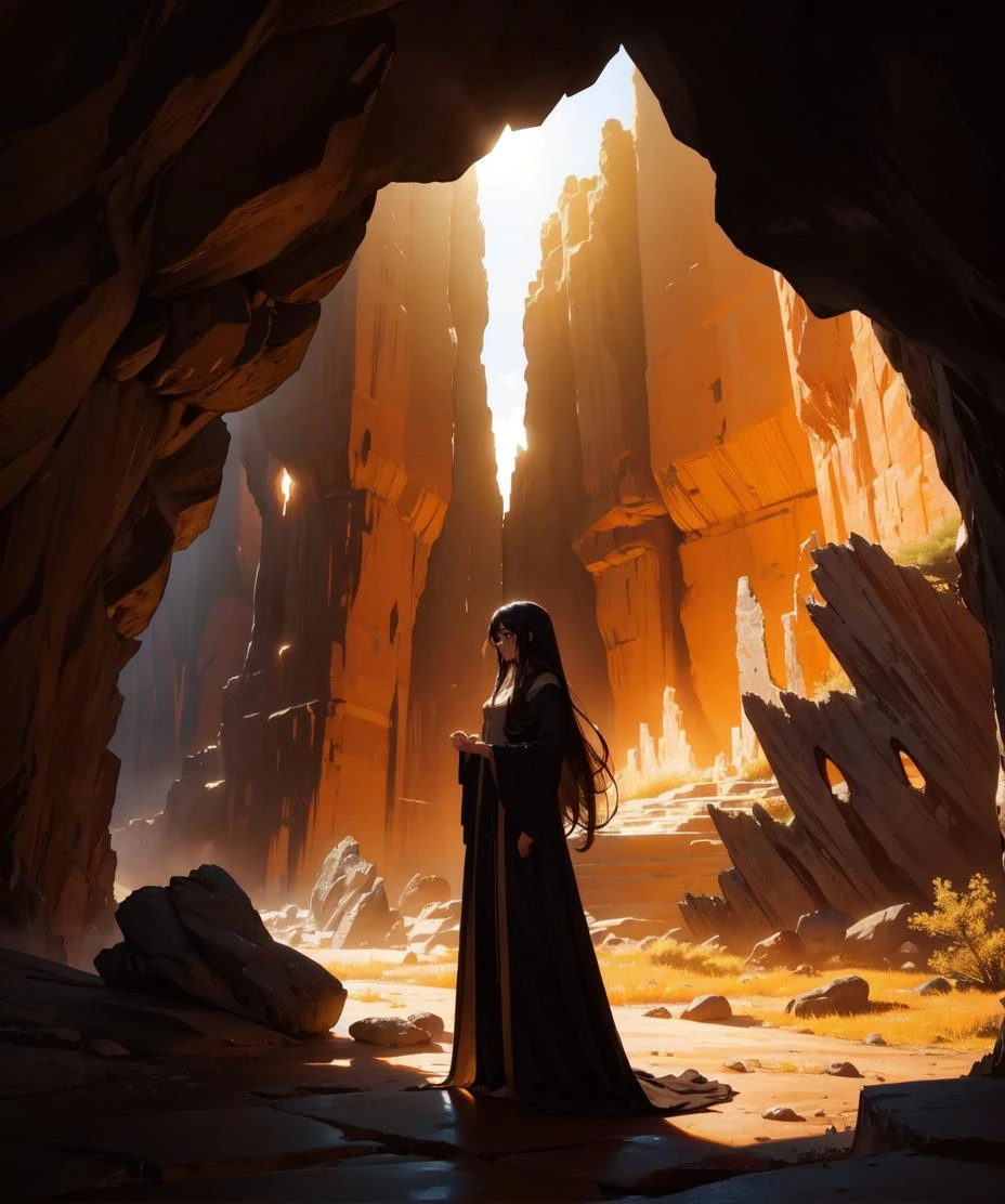 beautiful long haired woman, long flowing gown, BREAK
standing, cave, silhouetted sunlight, rock formations, 
(masterpiece, best quality:1.1), 8k, highly detailed,