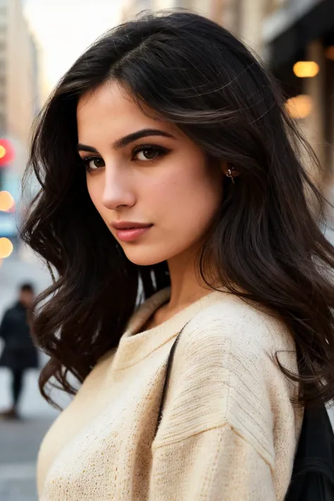 a woman with long dark hair and a tan sweater on a city street