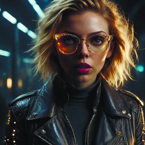 vfx portrait of scarlett johansson an african loner girl wearing thick glasses and leather jacket,cinematic scene,advanced digital art,cyberpunk,lens flare,atmosphere,glow,detailed,intricate,blade runner,cinematic lighting,4k,hyperrealistic,by caravaggio,cyberpukai Ryoji Ikeda Style teslapunkai 