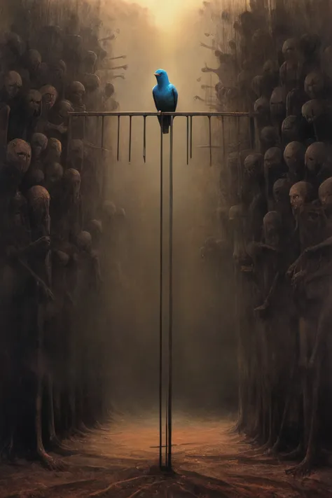 painting of a blue bird sitting on a pole in front of a group of skulls