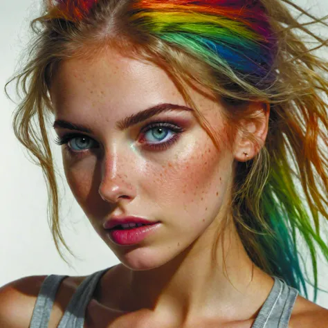 arafed woman with colorful hair and freckles posing for a picture