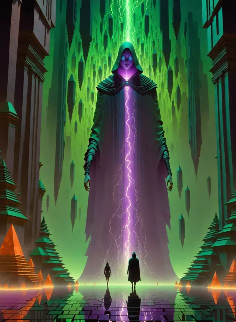 a traveler approaches an oniric statue of a tall cloaked ((goddess)) with a purple face and purple neon clothing who is a guardian of the mist rising from a ((crumbling)) central pillar, bright ((turquoise glowing eyes)), by Andy Kehoe, a gradient masterpiece, green orange, luminism, seamless, sharp ((hexagonal lines)) ((lightning)), cinematic, chiaroscuro, Shadow play, bright splashes of alcohol ink puddles, volumetric light, auras, bright colors reflect, isometric, digital art, smog, 3d render, octane render, volumetrics, by greg rutkowskiRyoji Ikeda Style, ((a traveler approaches with extensional dread)),