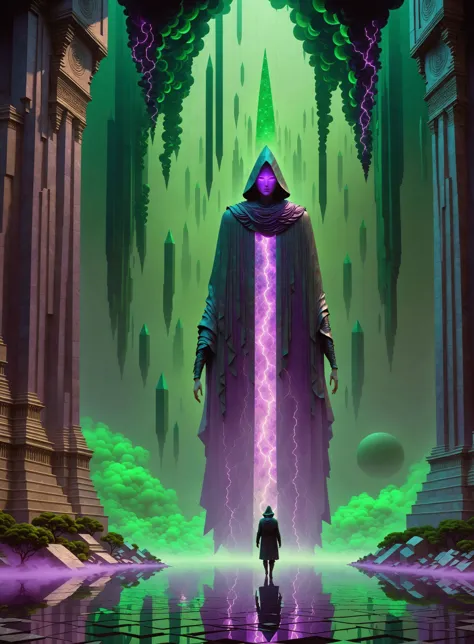 a traveler approaches an oniric statue of a tall cloaked ((goddess)) with a purple face and purple neon clothing who is a guardi...