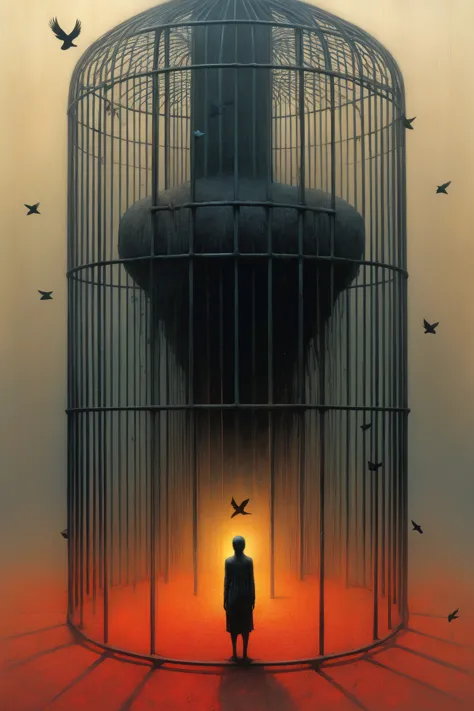 a man standing in a cage with a bird in it