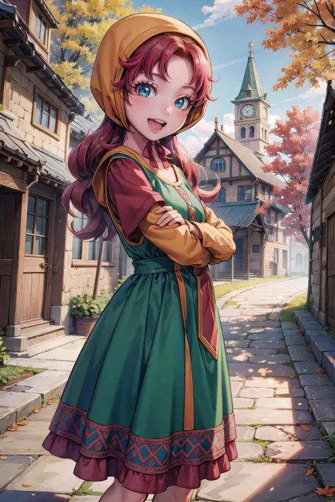 sfw, (masterpiece, ultra high res, best quality:1.3), 
1 girl,maribel, red hair, hood, long green dress, long sleeves, looking at viewer, standing, smile, open mouth, village, autumn, <lora:maribel-nvwls-v1-final:0.9>,