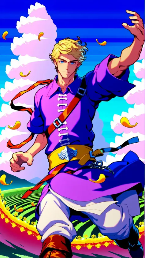 a cartoon image of a man in a purple outfit with a sword