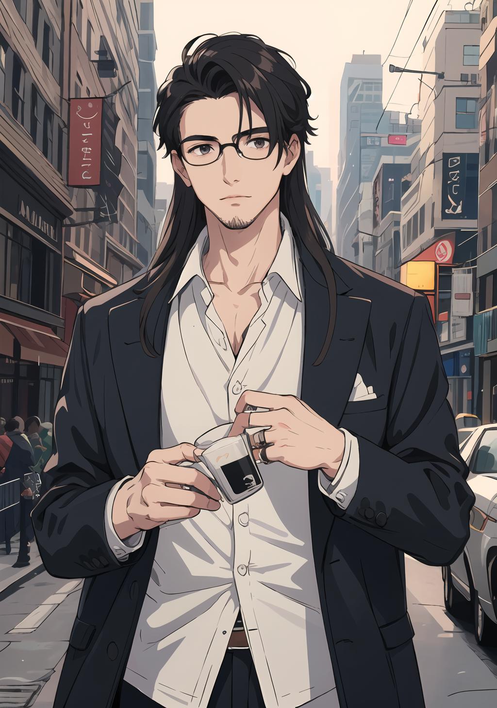 Anime guy in a suit and glasses standing on a city street - SeaArt AI