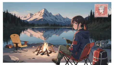 Best Quality, Masterpiece,1girl, 25 years old, hair tied back, outdoor jacket, cargo pants, thick gloves, sitting on a camper chair by the campfire, late evening, lake, beautiful mountain range in the background, 
