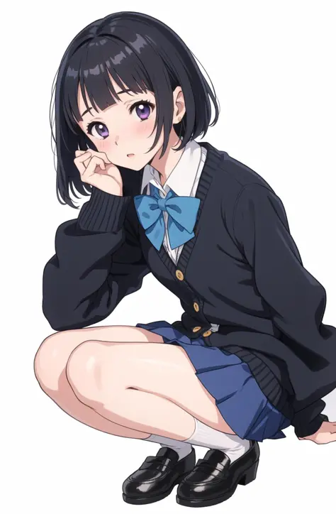 rating:safe, 1girl, solo, manga , long sleeves, white background, full body ,  {{{{Tamako Love Story style  }}}} , blush,[ medium hair], simple background,{{{ black hair}}},purple eyes,, blue cardigan, striped skirt blue , white shirt, blue bow tie [Five fingers on one hand],{{{blunt bangs}}}