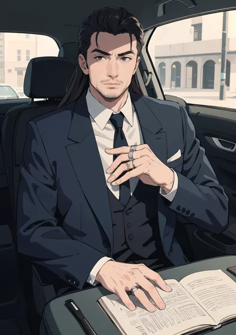 (masterpiece, best quality), 1boy, mature man, gangster, mafia, scary, rings on fingers, suit, in car, long hair