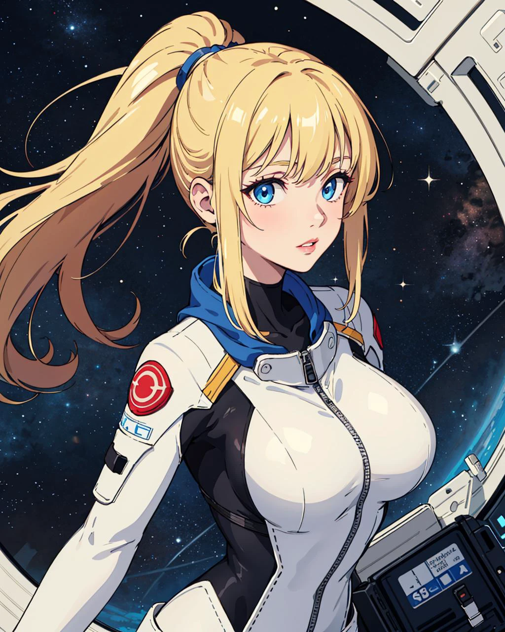 1girl, blonde_hair, space station background, blue_eyes, bodysuit, breasts, collarbone, large_breasts, lips, low_ponytail, no_bra, nose, ponytail, solo, unzipped
