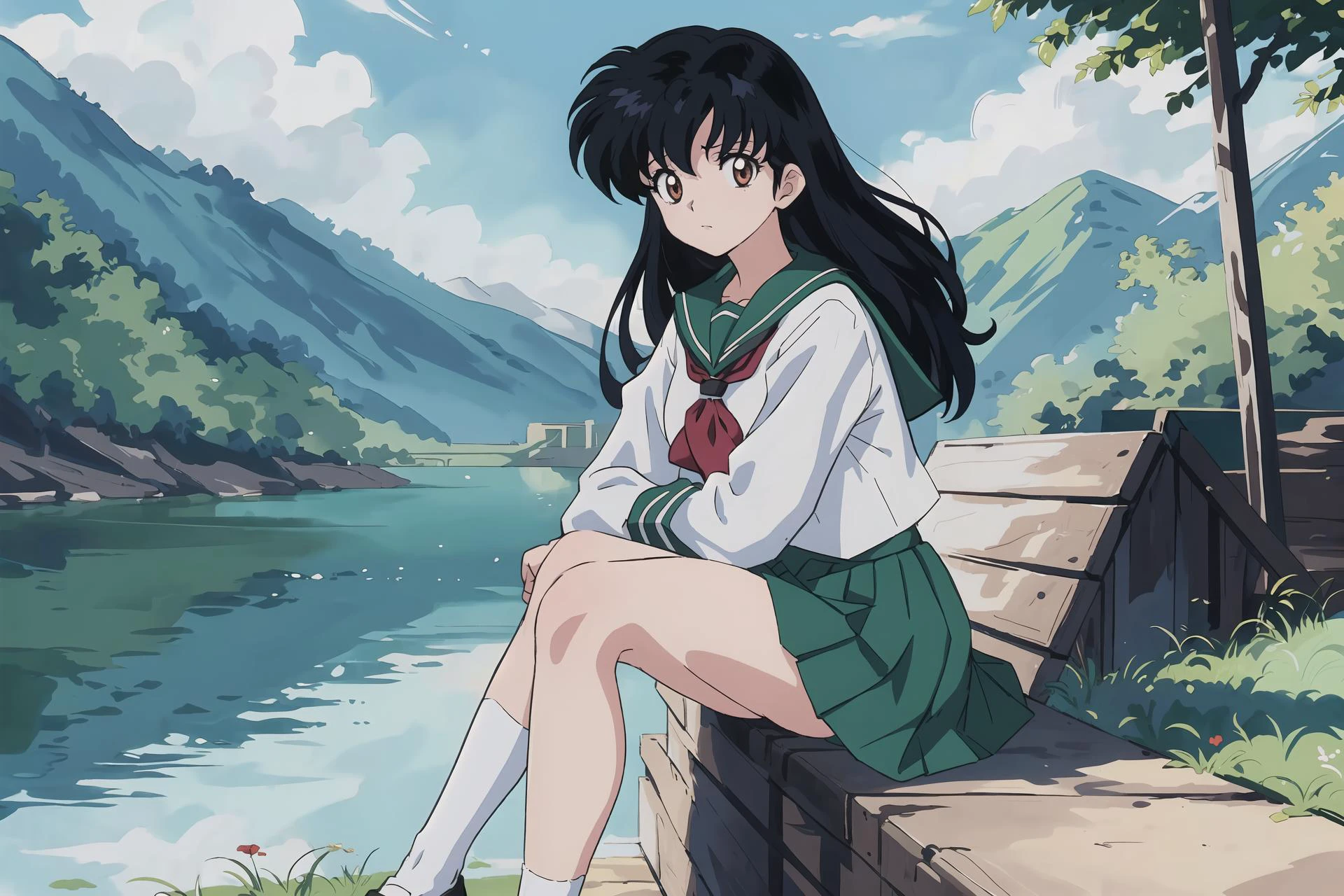 (最高品質, 傑作, 高解像度), Kagome Higurashi, 1人の女の子, 一人で, 緑 , 裸足, 長袖, 白い靴下, 座っている, 景色,
