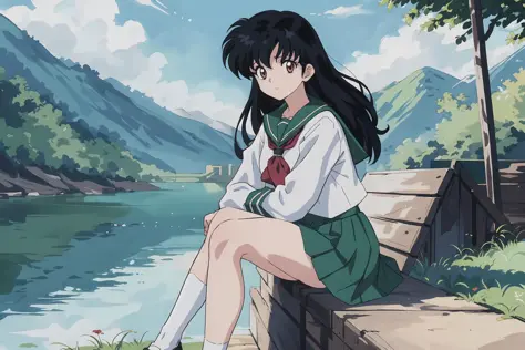 (best quality, masterpiece, highres), kagome higurashi, 1girl, solo, green school uniform, bare legs, long sleeves, white socks, sitting, scenery,
<lora:Kagome Higurashi:0.7>,