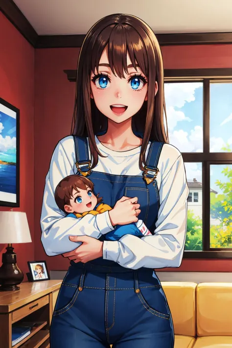 masterpiece, best quality, <lora:yoshidasaki-nvwls-v1-000008:0.9> defSaki, blue eyes, blue overalls, white shirt, long sleeves, ...