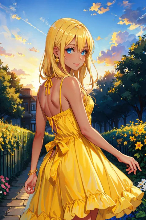 a woman in a yellow dress is walking down a path