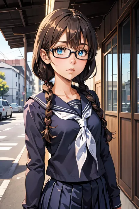 (masterpiece, best quality), 1girl,   <lora:yoshidasaki-nvwls-v1:0.8> defSaki, blue eyes, twin braids, hair over shoulders, glasses, blue shirt, serafuku, neckkerchief, long sleeves, pleated skirt,