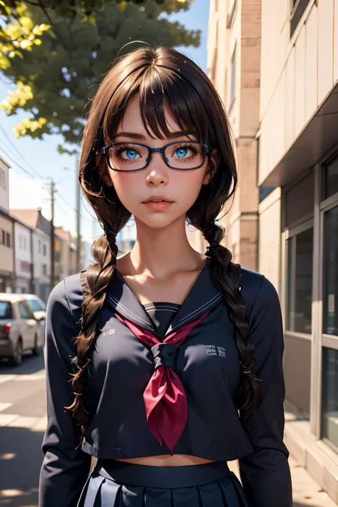 (masterpiece, best quality), 1girl,   <lora:yoshidasaki-nvwls-v1:0.8> defSaki, blue eyes, twin braids, hair over shoulders, glasses, blue shirt, serafuku, neckkerchief, long sleeves, pleated skirt,