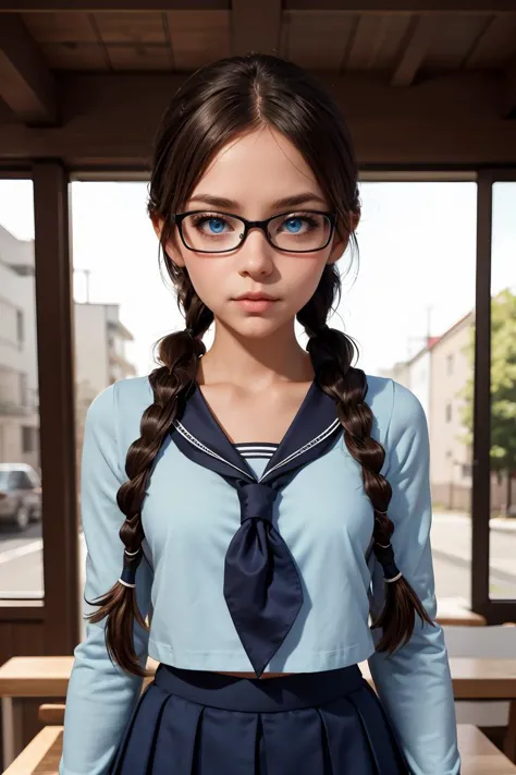 there is a young girl wearing glasses and a blue shirt