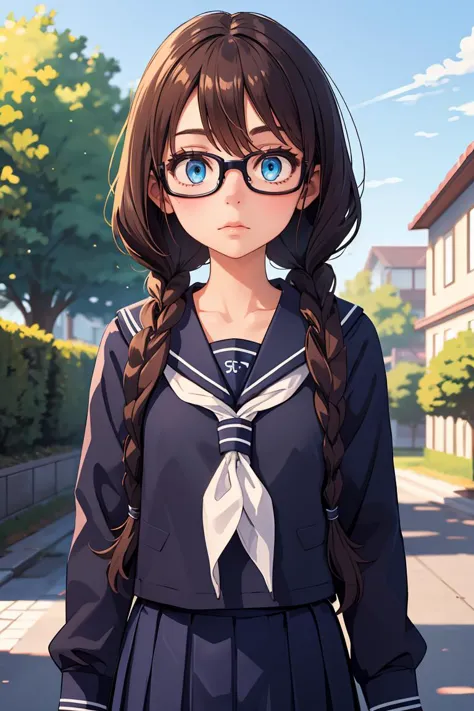 anime girl with long hair and glasses standing on the street