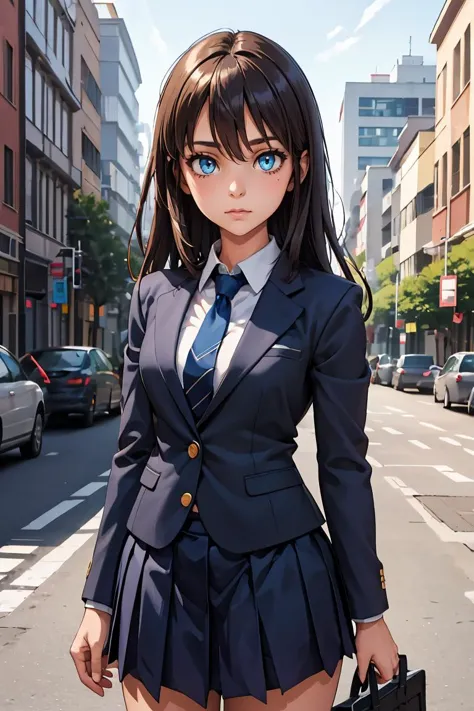 anime girl in a school uniform with a briefcase on a city street