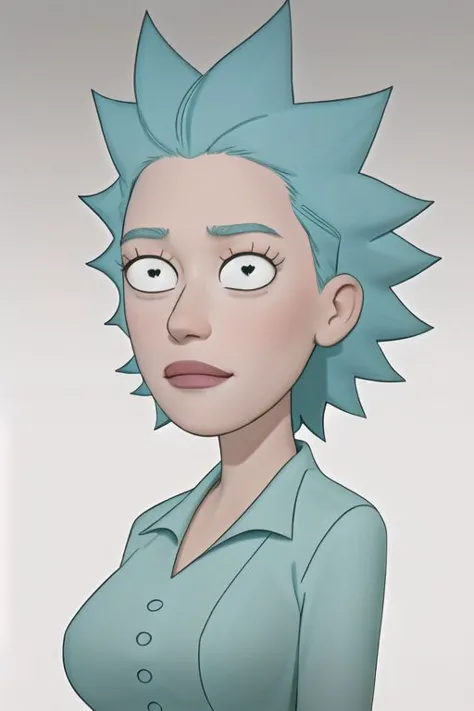 a cartoon of a woman with blue hair and a green shirt