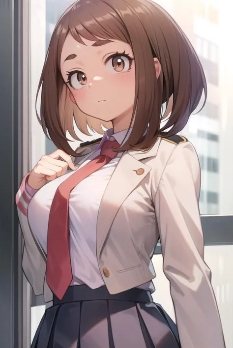 ochakouraraka, <lyco:ochakouraraka-lyco-nochekaiser:1>,
ochako uraraka, (uraraka ochako:1.5), (brown eyes:1.5), brown hair, short hair, blush, blush stickers,
BREAK grey jacket, jacket, pantyhose, school uniform, u.a. school uniform, necktie, red necktie, shirt, white shirt, collared shirt, long sleeves, skirt, green skirt, pleated skirt, short skirt,
BREAK indoors, classroom,
BREAK looking at viewer, cowboy shot,
BREAK <lyco:GoodHands-beta2:1>, (masterpiece:1.2), best quality, high resolution, unity 8k wallpaper, (illustration:0.8), (beautiful detailed eyes:1.6), extremely detailed face, perfect lighting, extremely detailed CG, (perfect hands, perfect anatomy),