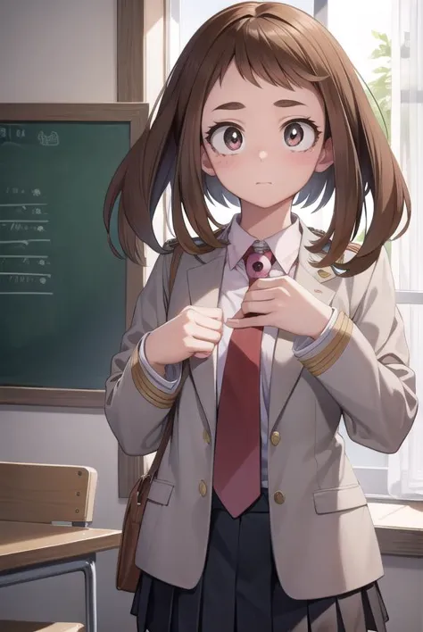 anime girl in a school uniform standing in front of a blackboard