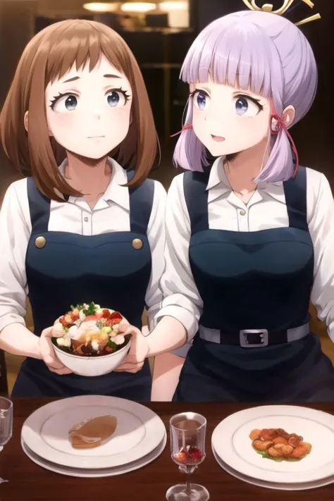 ochako uraraka and ayaka kamisato  on a date , qood quality ,  ,perfect quality ,  master quality ,