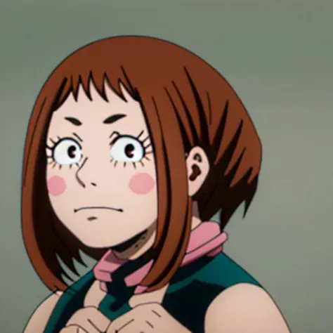 csm anime style, ochako uraraka, (uraraka ochako:1.5), (brown eyes:1.5), brown hair, short hair, blush, blush stickers,