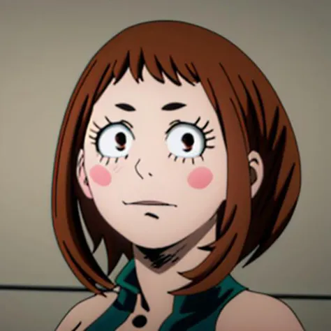 csm anime style, ochako uraraka, (uraraka ochako:1.5), (brown eyes:1.5), brown hair, short hair, blush, blush stickers,