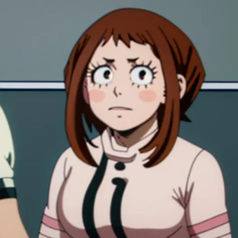 csm anime style, ochako uraraka, (uraraka ochako:1.5), (brown eyes:1.5), brown hair, short hair, blush, blush stickers,