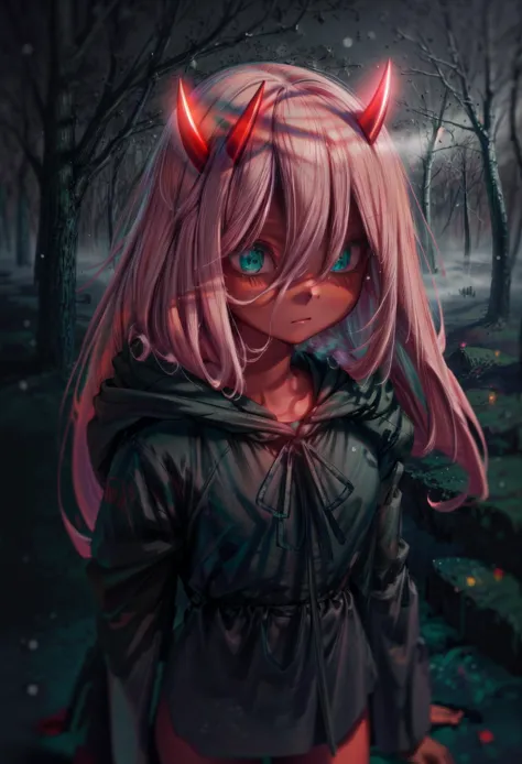 (Highres), (Detailed Illustration), Ultra-Detailed, 8k,highres, masterpiece, nsfw, <lora:ZeroTwoOni2_0:0.9> Zero Two, 1girl, best quality, long hair, (red skin), red horns, pink hair, green eyes, colored sclera, black robe, expressionless, bags under eyes, squinting, outdoors, snow, forest, night, snowing, blizzard, fog, mist, storm <lora:add_detail:1> <lora:hairdetailer:0.8>