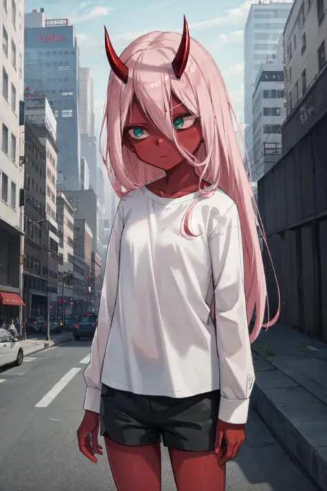 <lora:ZeroTwoOni2_0:0.9> Zero Two, 1girl, masterpiece, best quality, long hair, (red skin), red horns, pink hair, green eyes, co...