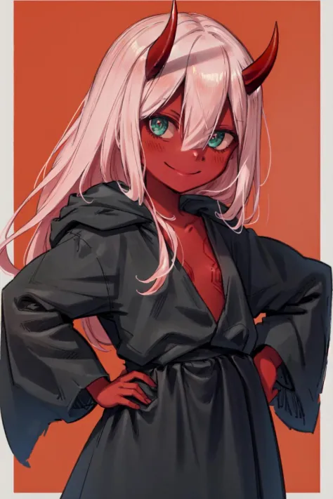 <lora:ZeroTwoOni2_0:0.9> Zero Two, 1girl, masterpiece, best quality, long hair, flat chest, (red skin), red horns, pink hair, gr...