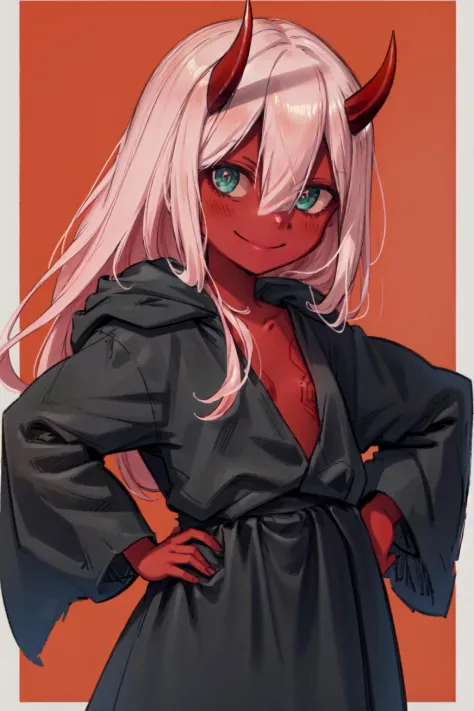 <lora:ZeroTwoOni2_0:0.9> Zero Two, 1girl, masterpiece, best quality, long hair, flat chest, (red skin), red horns, pink hair, green eyes, colored sclera, simple background, hands on hips, smile, looking at viewer, black robe