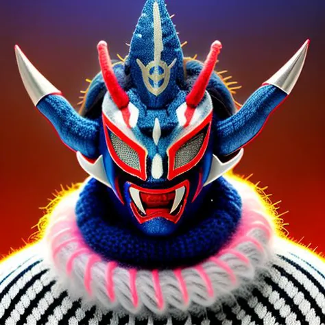 a knit blue and pink masked man (ultrarealistic:1.3), highly detailed, dynamic <lora:jushinliger:1>