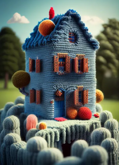 there is a knitted house with a blue roof and a red roof