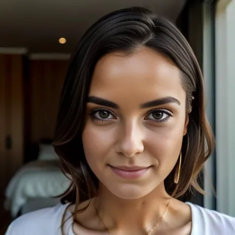 a close up of a woman with a white shirt and earrings