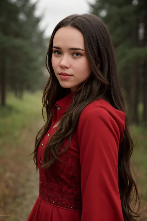 a close up of a woman in a red dress standing in a forest