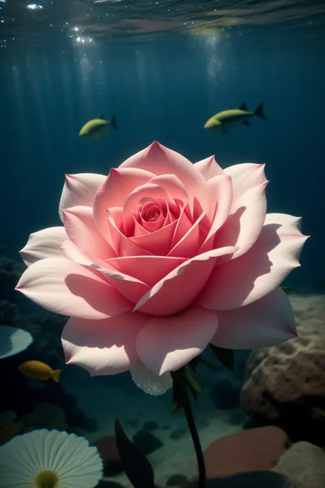 art by Camille Walal   A rose, blooming underwater in a crystal-clear spring, surrounded by schools of colorful fish. (photoreal...