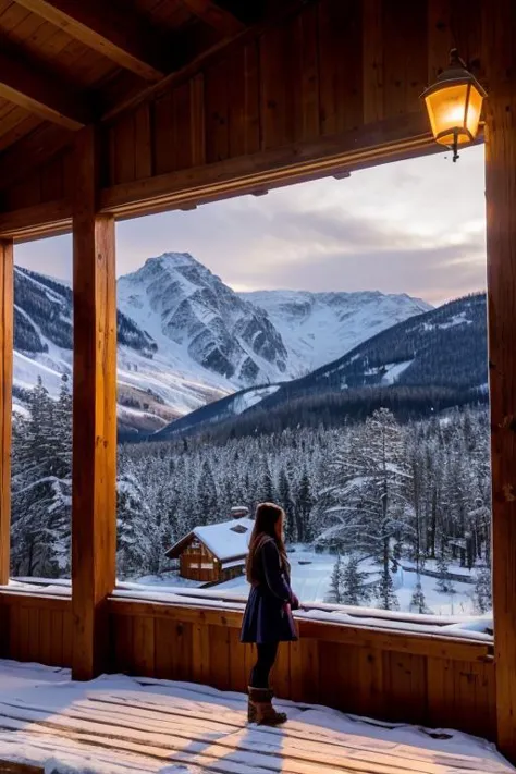 a profesional picture of 1 girl,teen girl,small breasts,astetic beauty,  å°è_13å²   on midnight , in Village of the Frozen Ancestors: A Nordic village nestled within the icy embrace of a mountain range. Snowflakes dance in the air, settling on wooden roofs and icy pathways. The aroma of crackling fires mingles with the scent of pine, creating a cozy and inviting atmosphere for weary travelers seeking solace from the wintry expanse., Observant Silhouette: Standing against a window with light pouring in, their profile is cast in silhouette. Their posture is relaxed, and their expression is one of quiet contemplation.  realistic ,perfect quality,best quality,ultrasharp,ultradetailed,perfect quality,masterpiece,intricated details,  